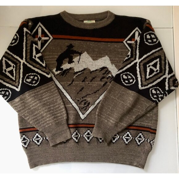 1980s Mens Sweater, Size Large, Alpine Hiking Print, Made in Bulgaria - Picture 3 of 7